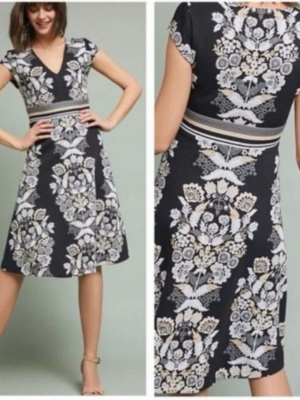 NWT Ett Twa Anthropologie 4 Soiree Embroidered Black White Cream A-line Dress